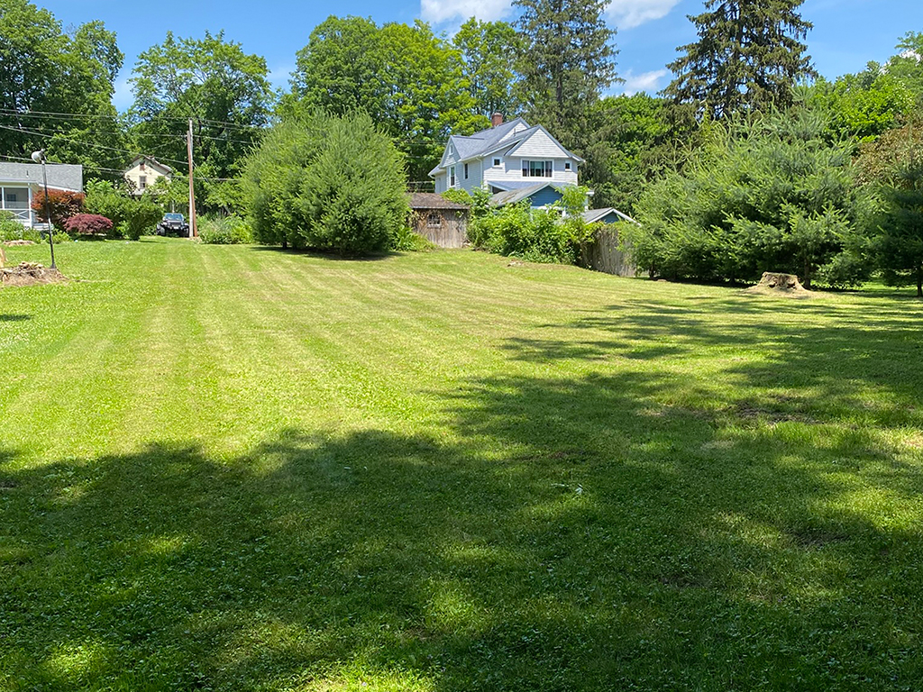A view looking from the river toward the street.