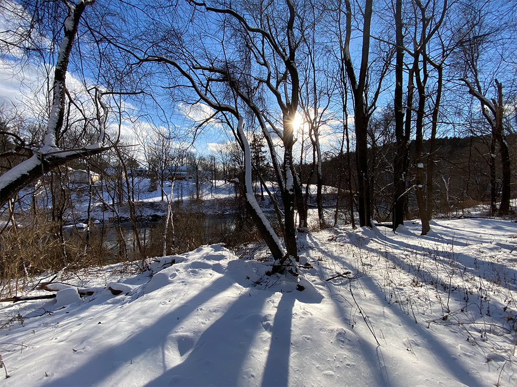 A view of the river from the back of the lot in the winter.